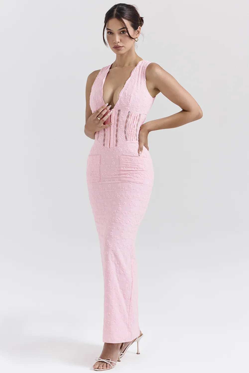 Sophina Perfectly Pink Broderie Anglais Plunge Maxi Dress