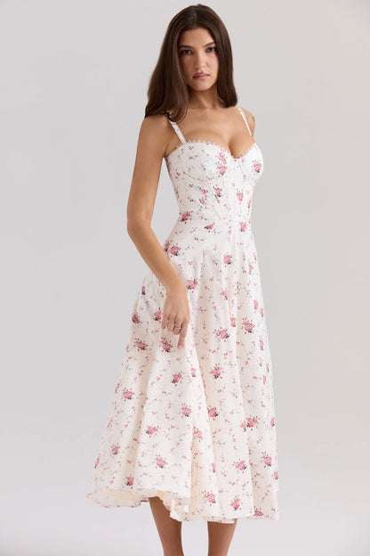 Steffani White Stretch Cotton Rose Print Midi Sundress