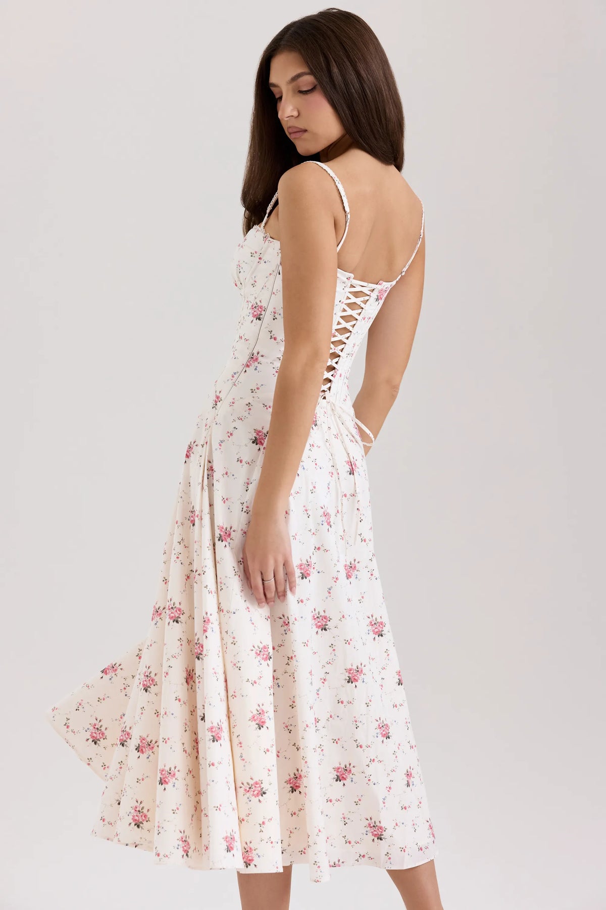 Steffani White Stretch Cotton Rose Print Midi Sundress