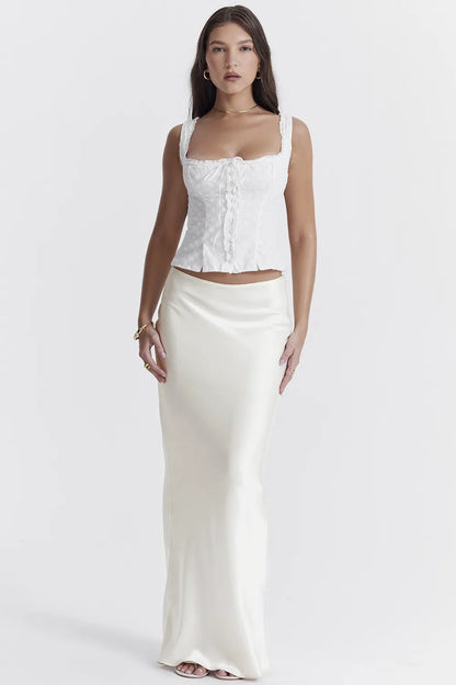 Sydel White Satin Bias Cut Maxi Skirt