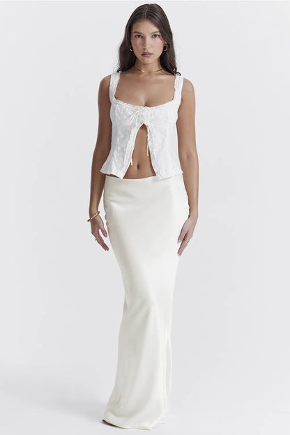 Sydel White Satin Bias Cut Maxi Skirt