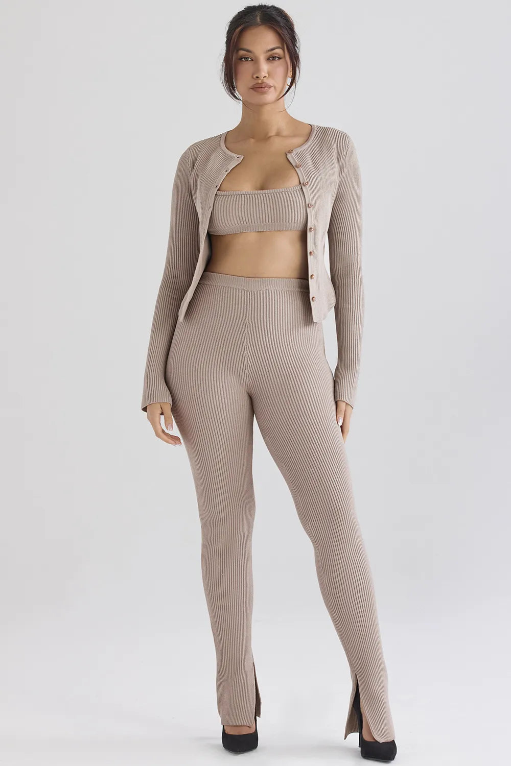 Sylvia Taupe Ribbed Knit Cardigan
