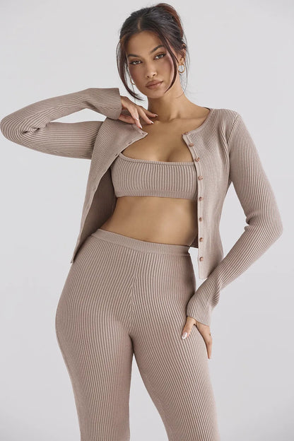 Sylvia Taupe Ribbed Knit Cardigan