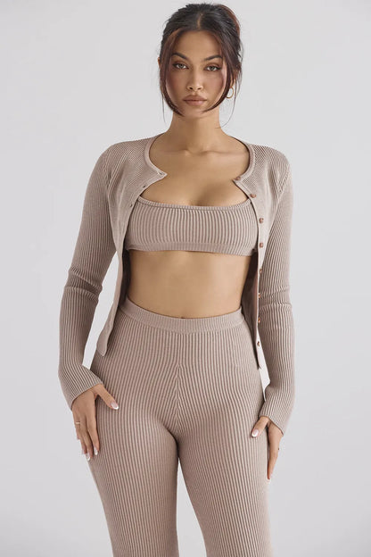 Sylvia Taupe Ribbed Knit Cardigan