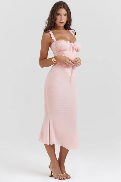 Syrah Soft Peach Lace Back Midi Dress