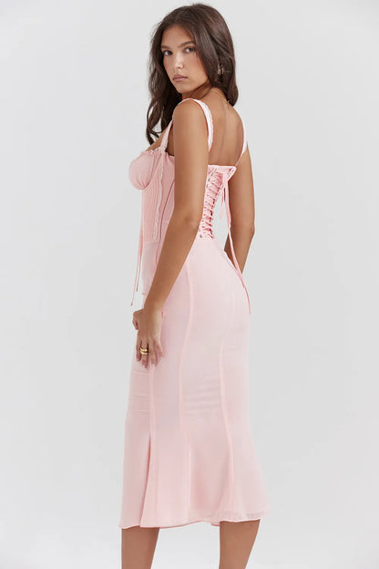 Syrah Soft Peach Lace Back Midi Dress