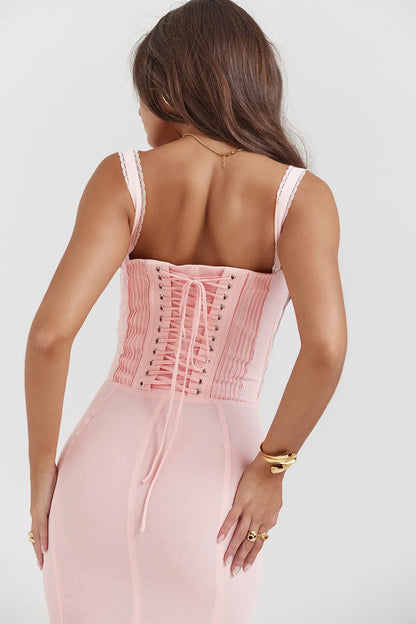 Syrah Soft Peach Lace Back Midi Dress