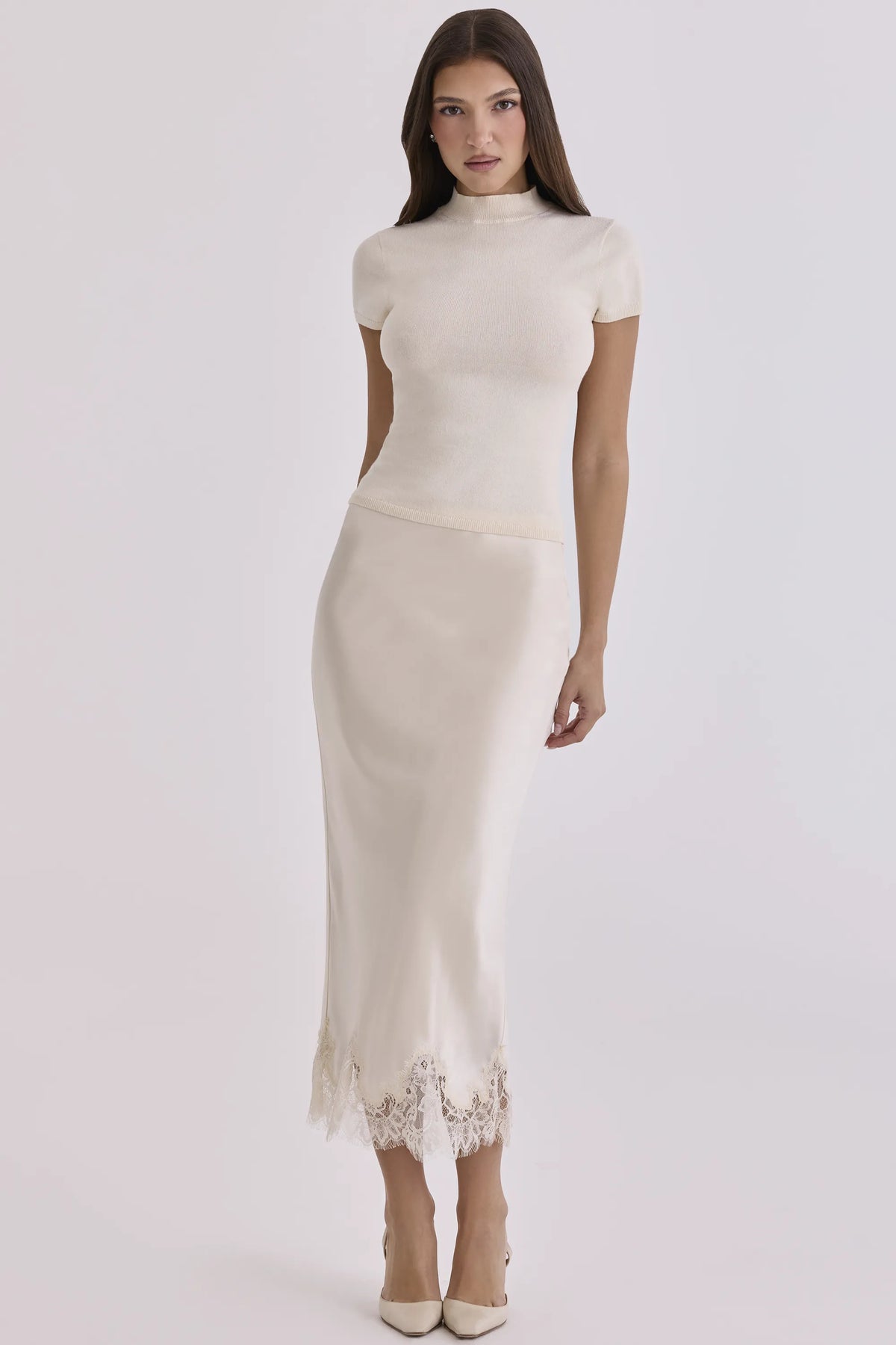 Ciara Vintage Ivory Satin + Lace Midi Skirt