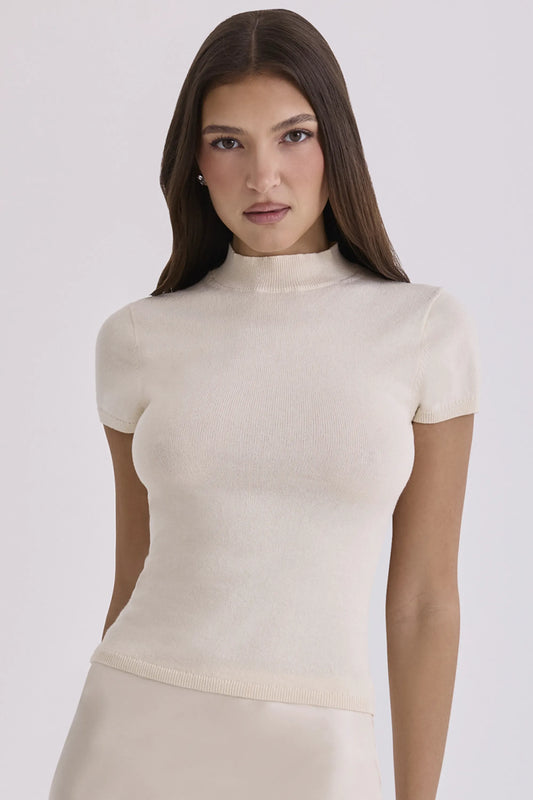 Tamra Ivory Cotton + Cashmere Short Sleeve Top