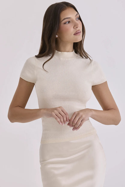 Tamra Ivory Cotton + Cashmere Short Sleeve Top