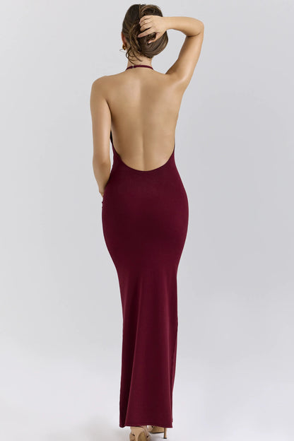 Thalina Wine Draped Halter Neck Maxi Dress
