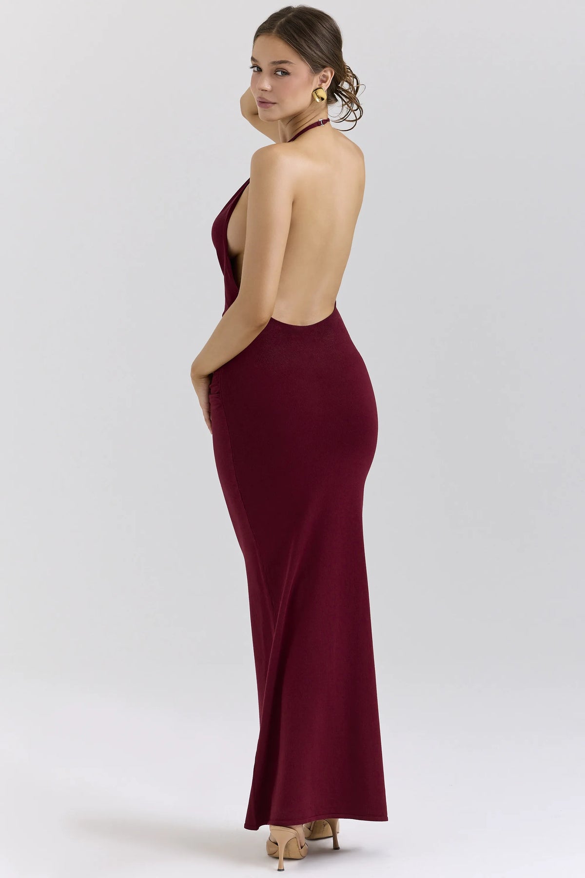 Thalina Wine Draped Halter Neck Maxi Dress