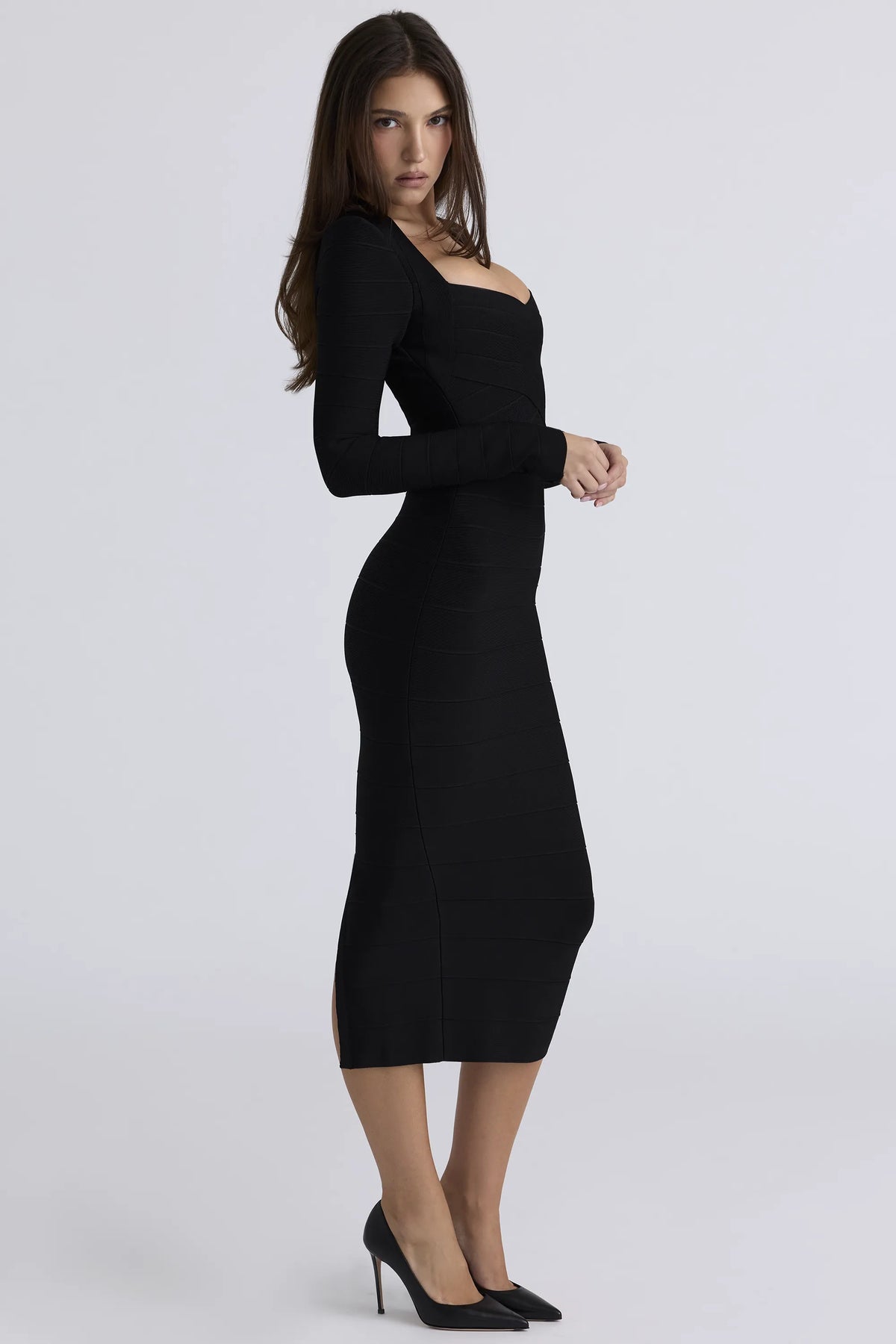 The Naomi Black Long Sleeve Bandage Midi Dress