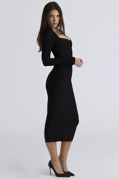 The Naomi Black Long Sleeve Bandage Midi Dress