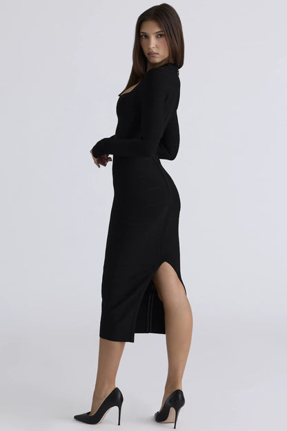 The Naomi Black Long Sleeve Bandage Midi Dress