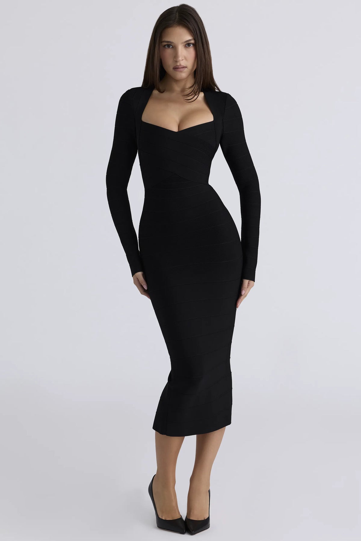 The Naomi Black Long Sleeve Bandage Midi Dress