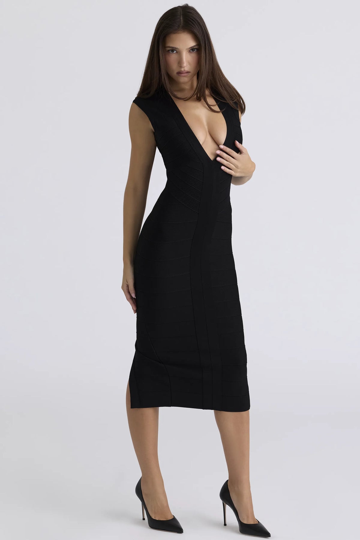 The Super Plunge Black Bandage Midi Dress