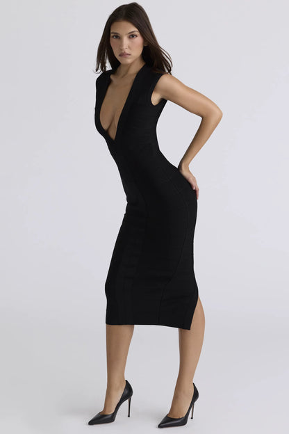 The Super Plunge Black Bandage Midi Dress