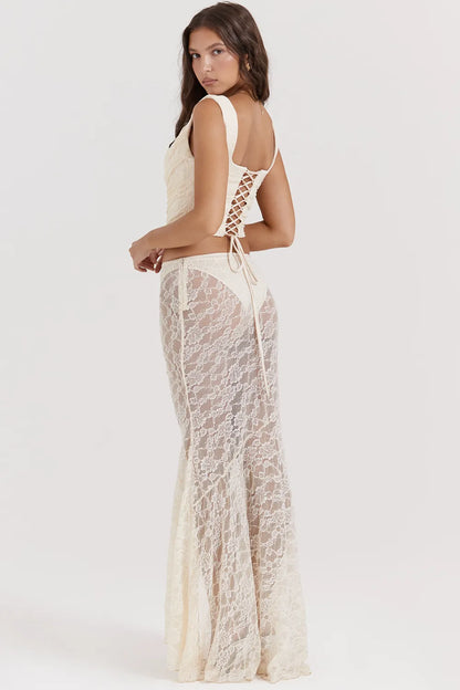 Therese Vintage Cream Lace Maxi Skirt