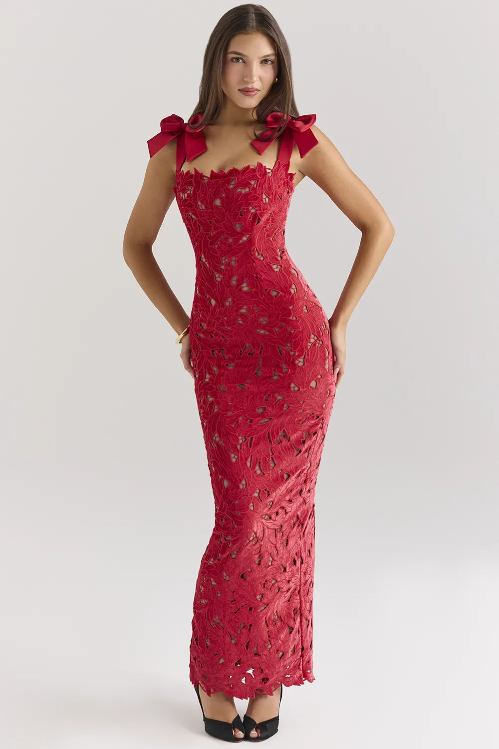 Tiff Holly Red Velvet Lace Maxi Dress