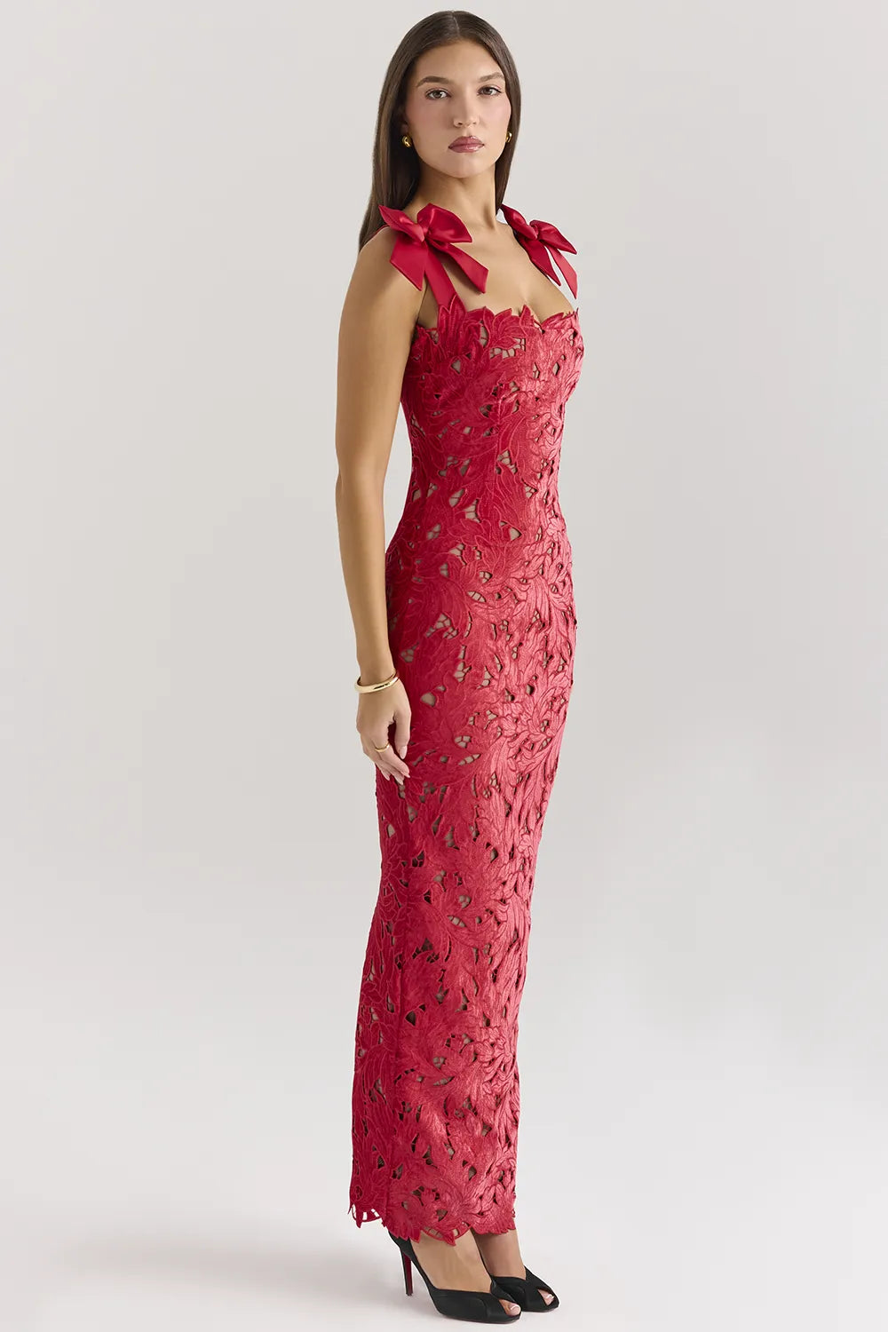 Tiff Holly Red Velvet Lace Maxi Dress