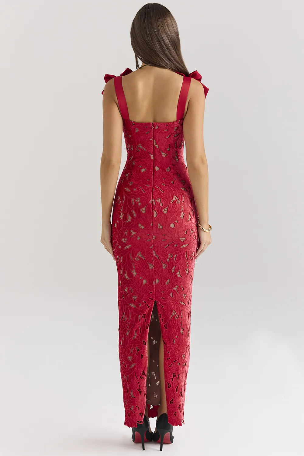 Tiff Holly Red Velvet Lace Maxi Dress