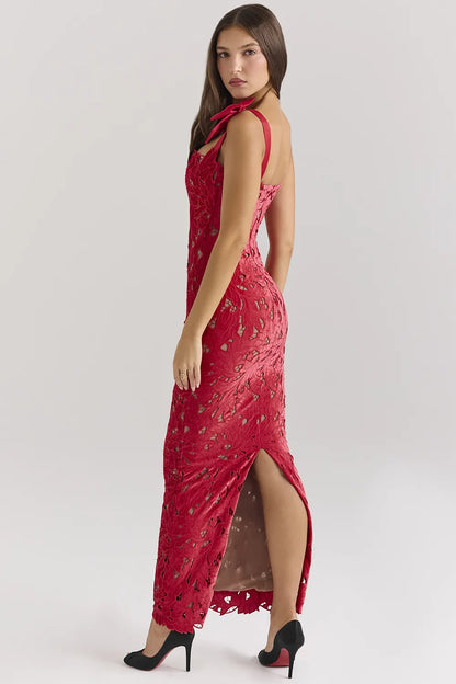 Tiff Holly Red Velvet Lace Maxi Dress