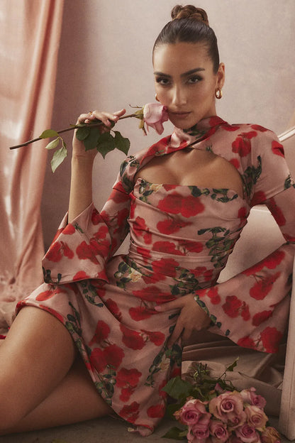 Toira Rose Print Draped Corset Dress