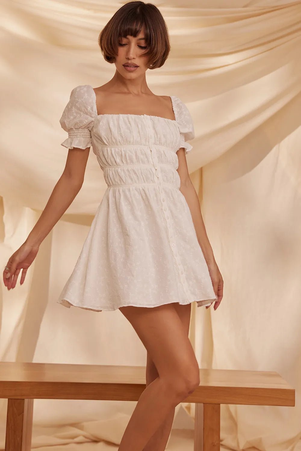 Mistress Rocks Cloud Gathered Broderie Mini Dress - SALE