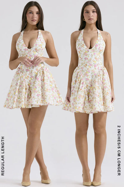 Valentia Ivory Meadow Print Cotton Halter Mini Dress