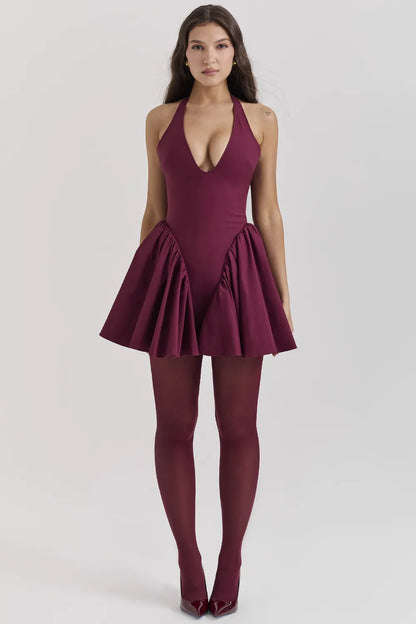 Valentia Wine Halter Mini Dress