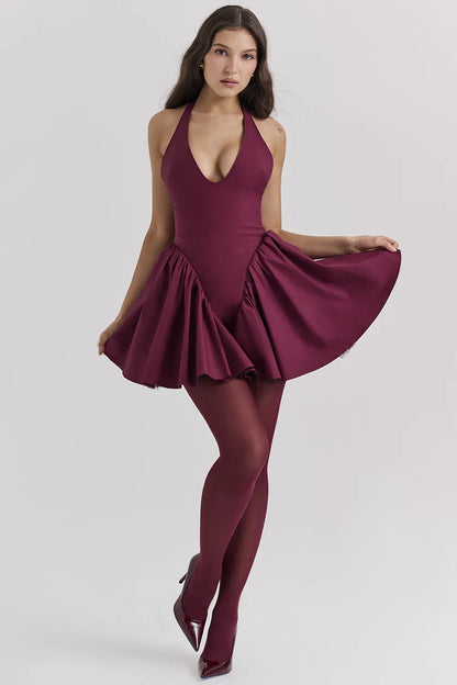 Valentia Wine Halter Mini Dress