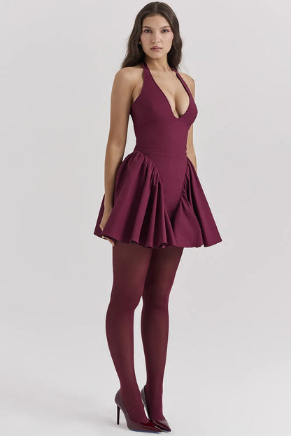 Valentia Wine Halter Mini Dress