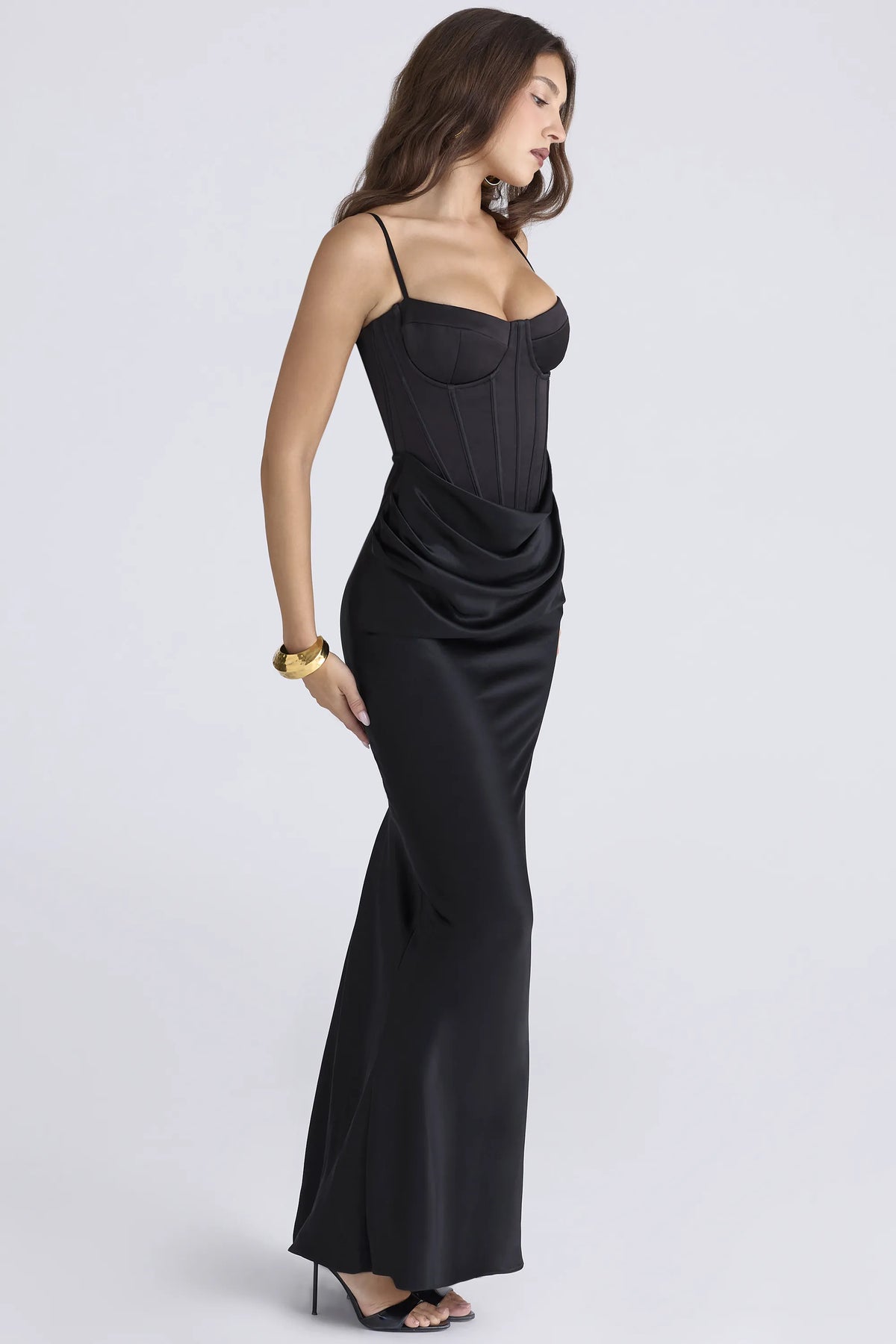 Valentina Black Satin Draped Corset Maxi Dress