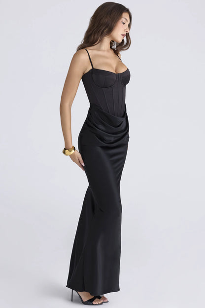 Valentina Black Satin Draped Corset Maxi Dress