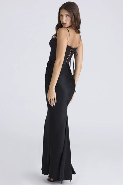 Valentina Black Satin Draped Corset Maxi Dress