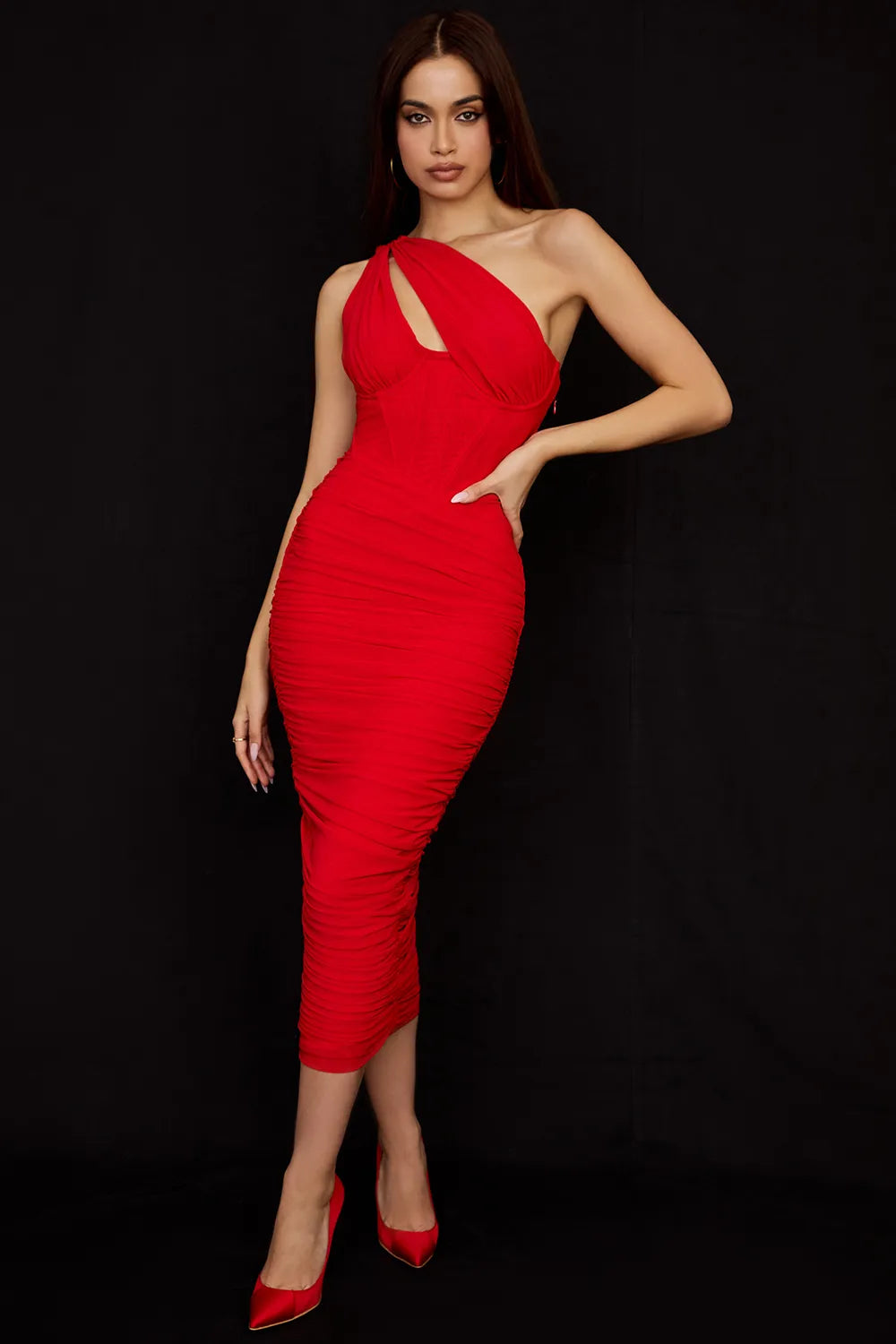 Valentina Scarlet Asymmetric Cutout Midi Dress