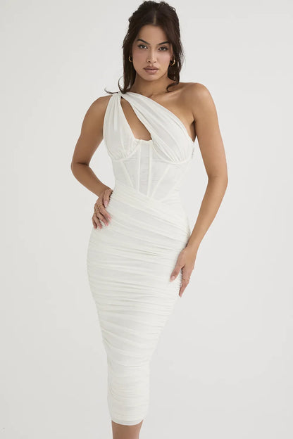 Valentina Ivory Asymmetric Cutout Midi Dress