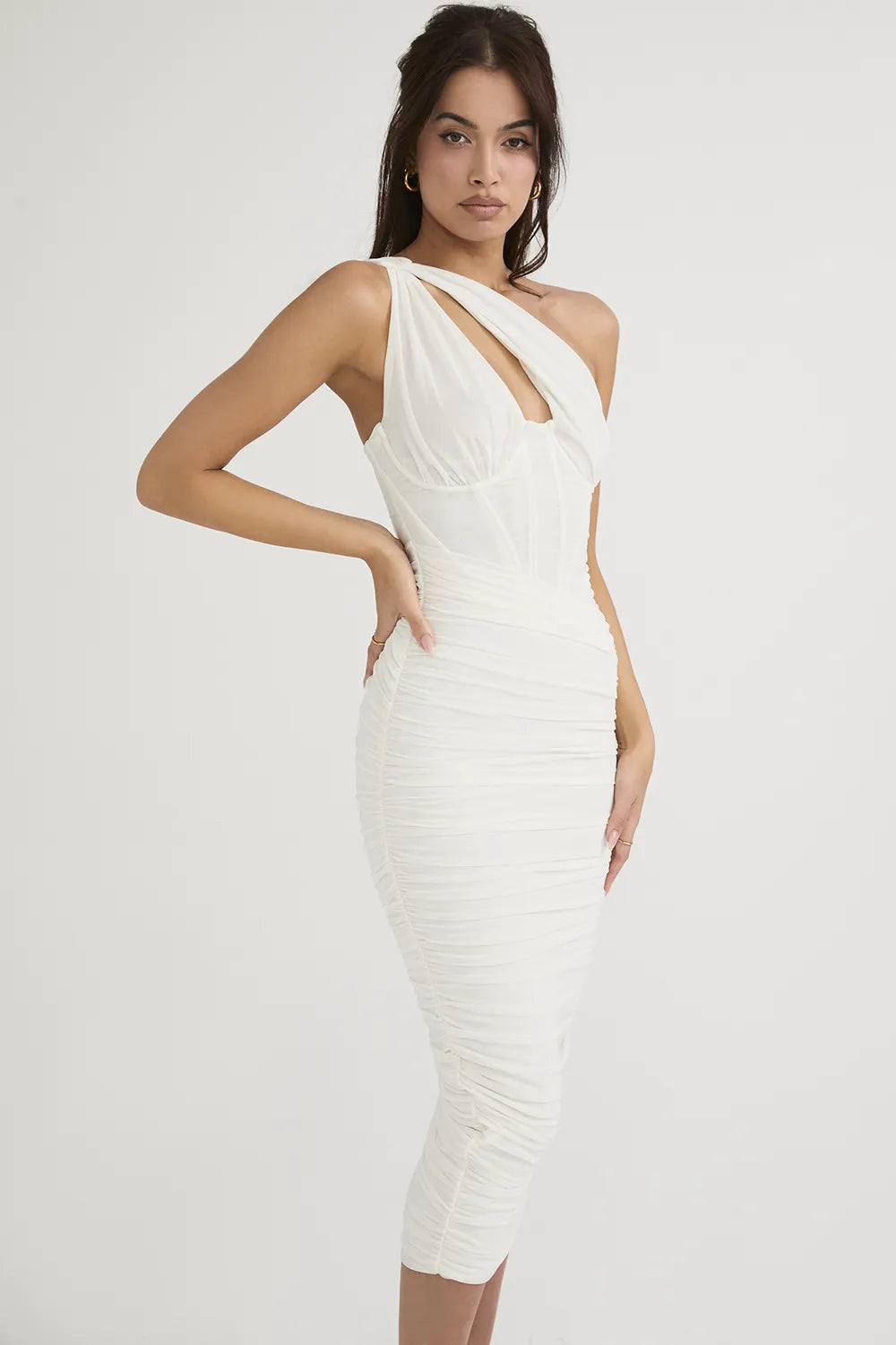 Valentina Ivory Asymmetric Cutout Midi Dress