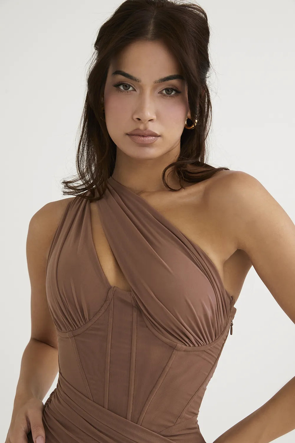 Valentina Mocha Asymmetric Cutout Midi Dress