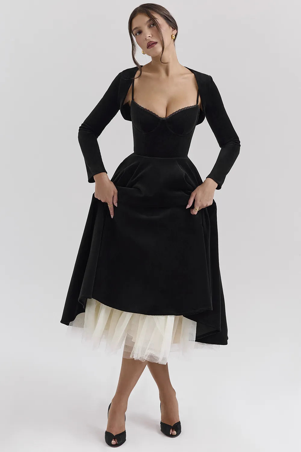 Mademoiselle Black Velvet Tulle Midi Dress + Bolero