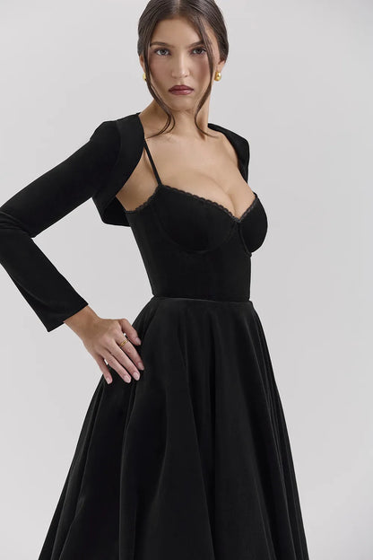 Mademoiselle Black Velvet Tulle Midi Dress + Bolero
