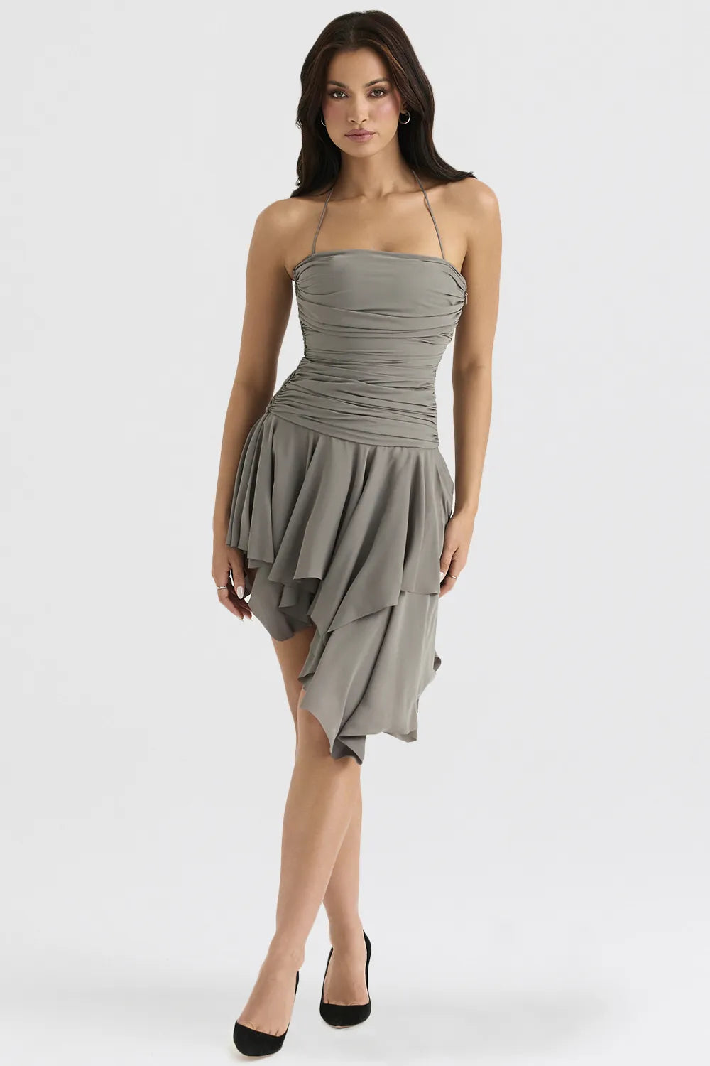 Valeria Smoke Gathered Asymmetric Dress