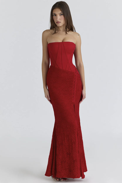 Valerie Red Satin Lace Strapless Maxi Dress