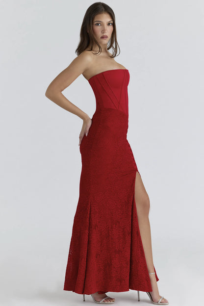 Valerie Red Satin Lace Strapless Maxi Dress