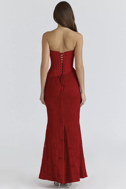 Valerie Red Satin Lace Strapless Maxi Dress