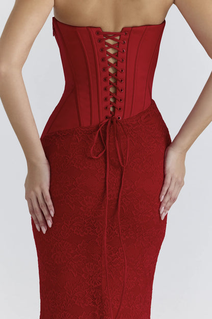 Valerie Red Satin Lace Strapless Maxi Dress