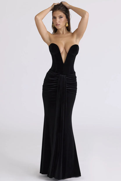 Vienne Black Velvet Deep Plunge Maxi Gown - Limited Edition