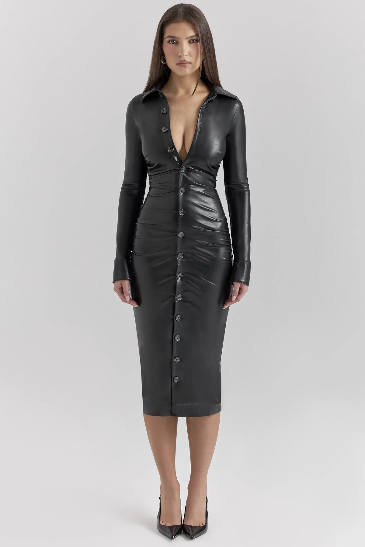 Viola Black Vegan Leather Long Sleeve Midi Dress