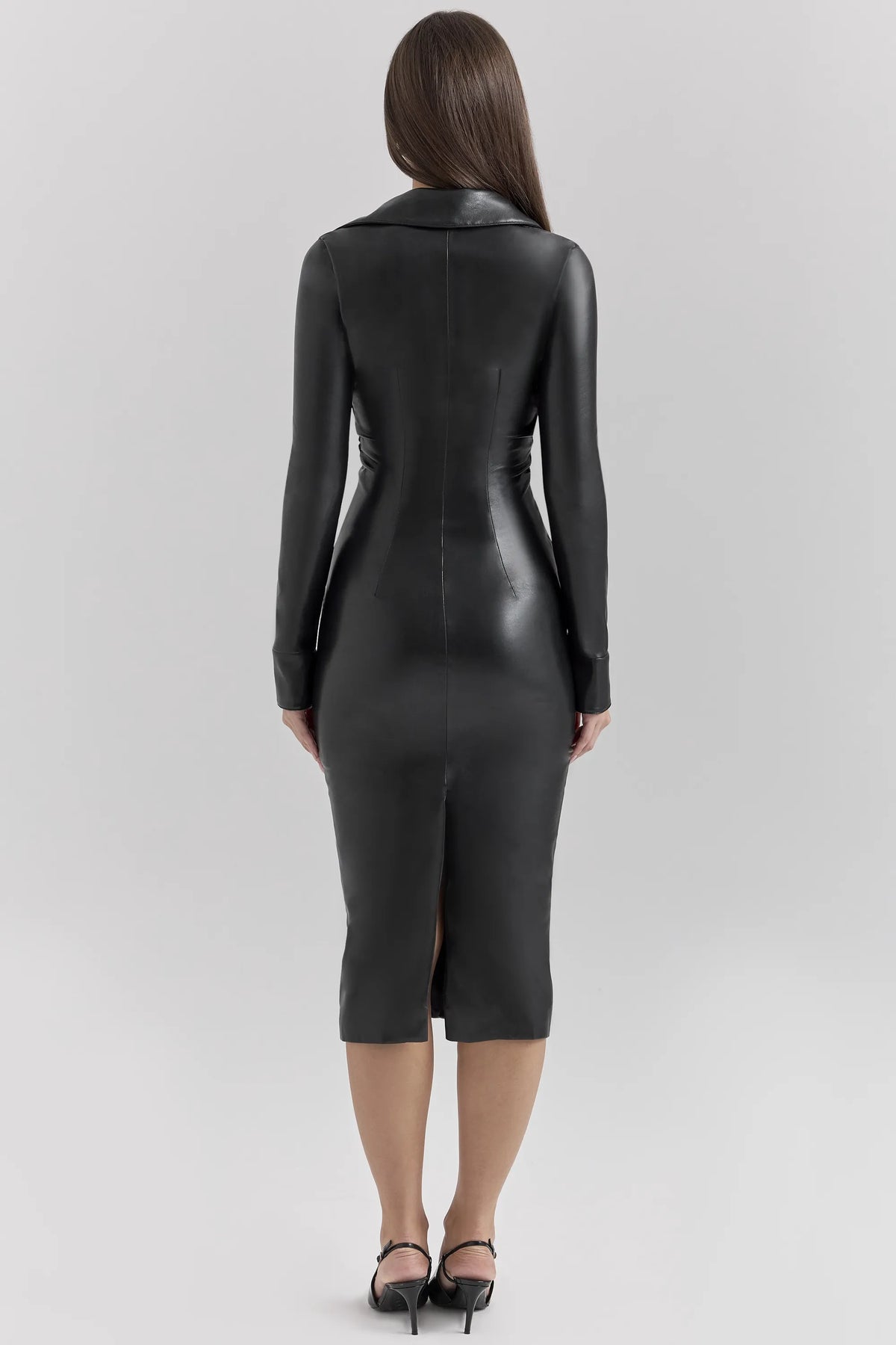 Viola Black Vegan Leather Long Sleeve Midi Dress